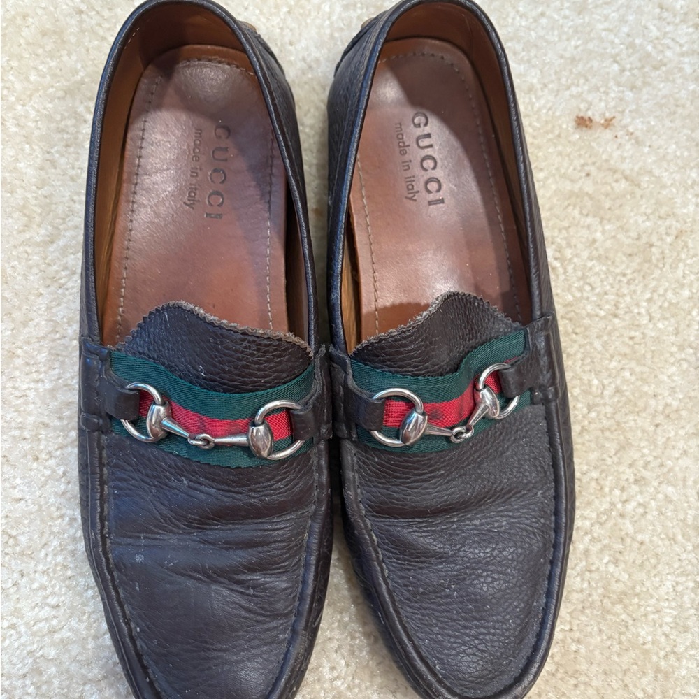 Gucci Men's Dark Brown Leather Loafers with Red and Green Stripes